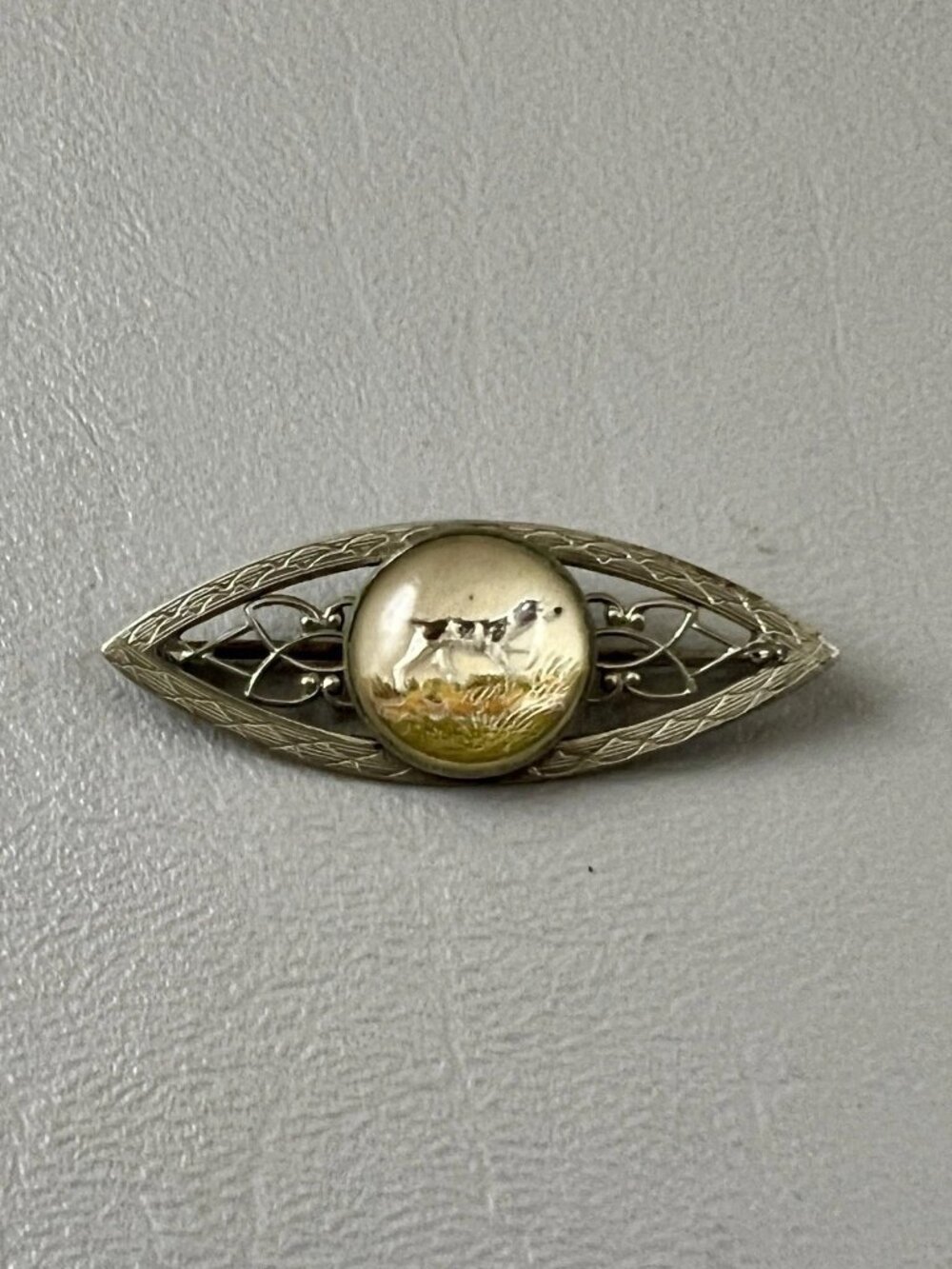Vintage Silver Tone Filigree Bar Brooch Reverse Painted Pointer Dog Glass Pin